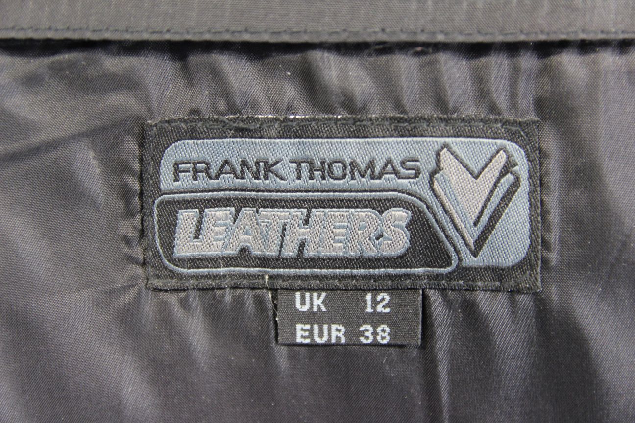 FRANK THOMAS SILVER & BLACK LEATHER BIKER JACKET WITH CE ARMOUR SIZE 12/34-36 IN