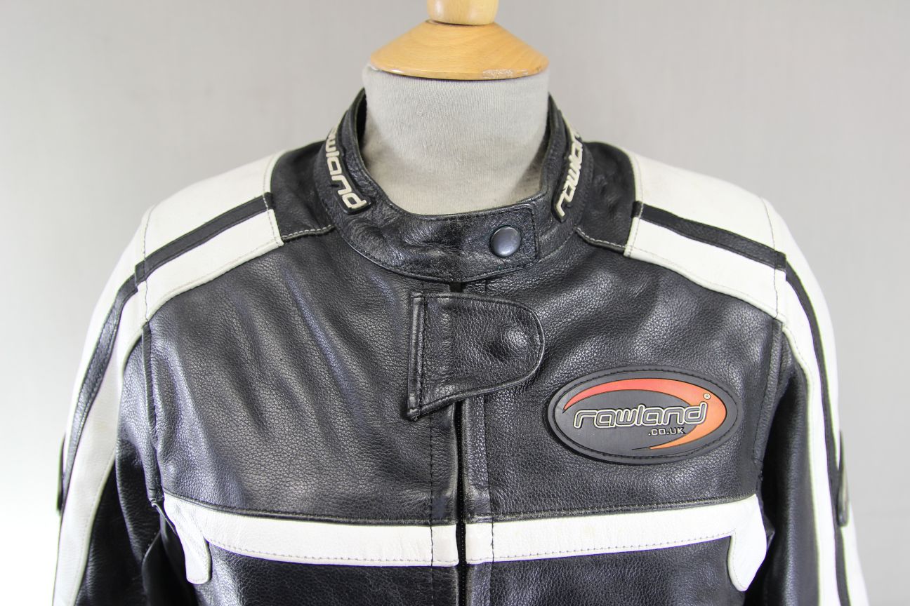 RAWLAND BLACK & WHITE LEATHER BIKER JACKET + CE ARMOUR/THERMAL LINING: SIZE 6/XS