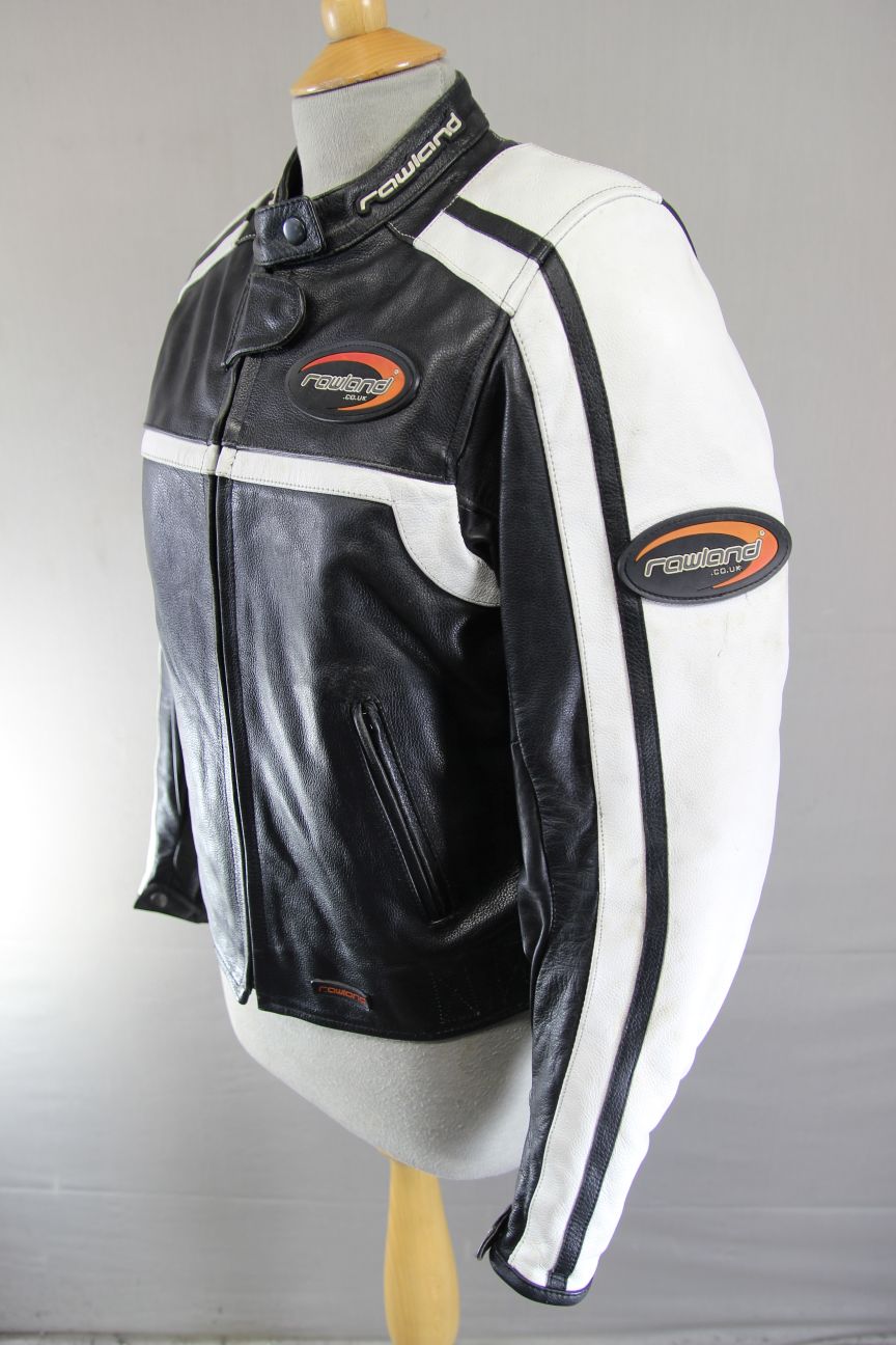 RAWLAND BLACK & WHITE LEATHER BIKER JACKET + CE ARMOUR/THERMAL LINING: SIZE 6/XS