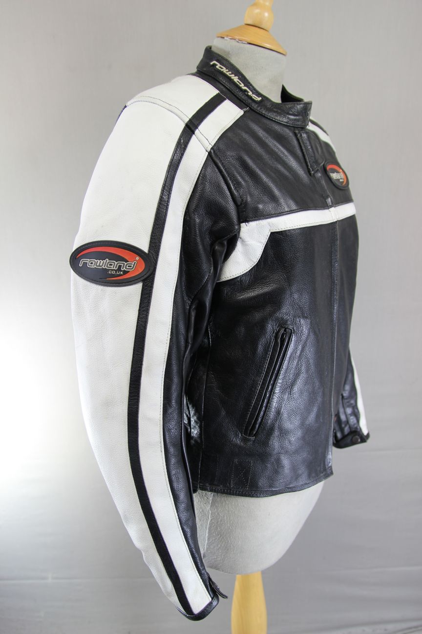 RAWLAND BLACK & WHITE LEATHER BIKER JACKET + CE ARMOUR/THERMAL LINING: SIZE 6/XS