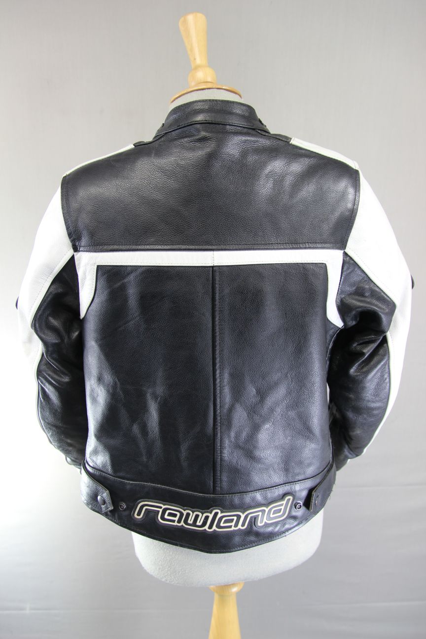 RAWLAND BLACK & WHITE LEATHER BIKER JACKET + CE ARMOUR/THERMAL LINING: SIZE 6/XS