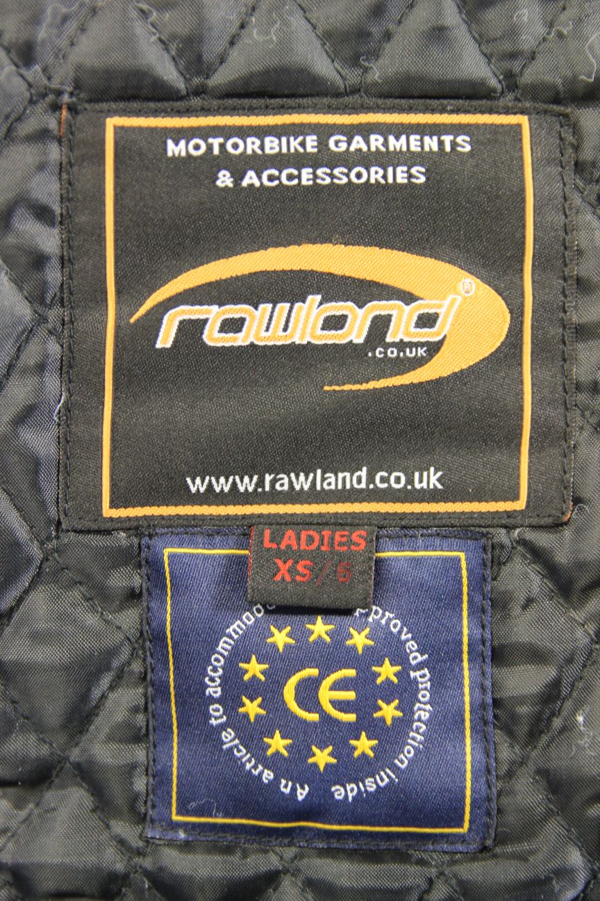 RAWLAND BLACK & WHITE LEATHER BIKER JACKET + CE ARMOUR/THERMAL LINING: SIZE 6/XS