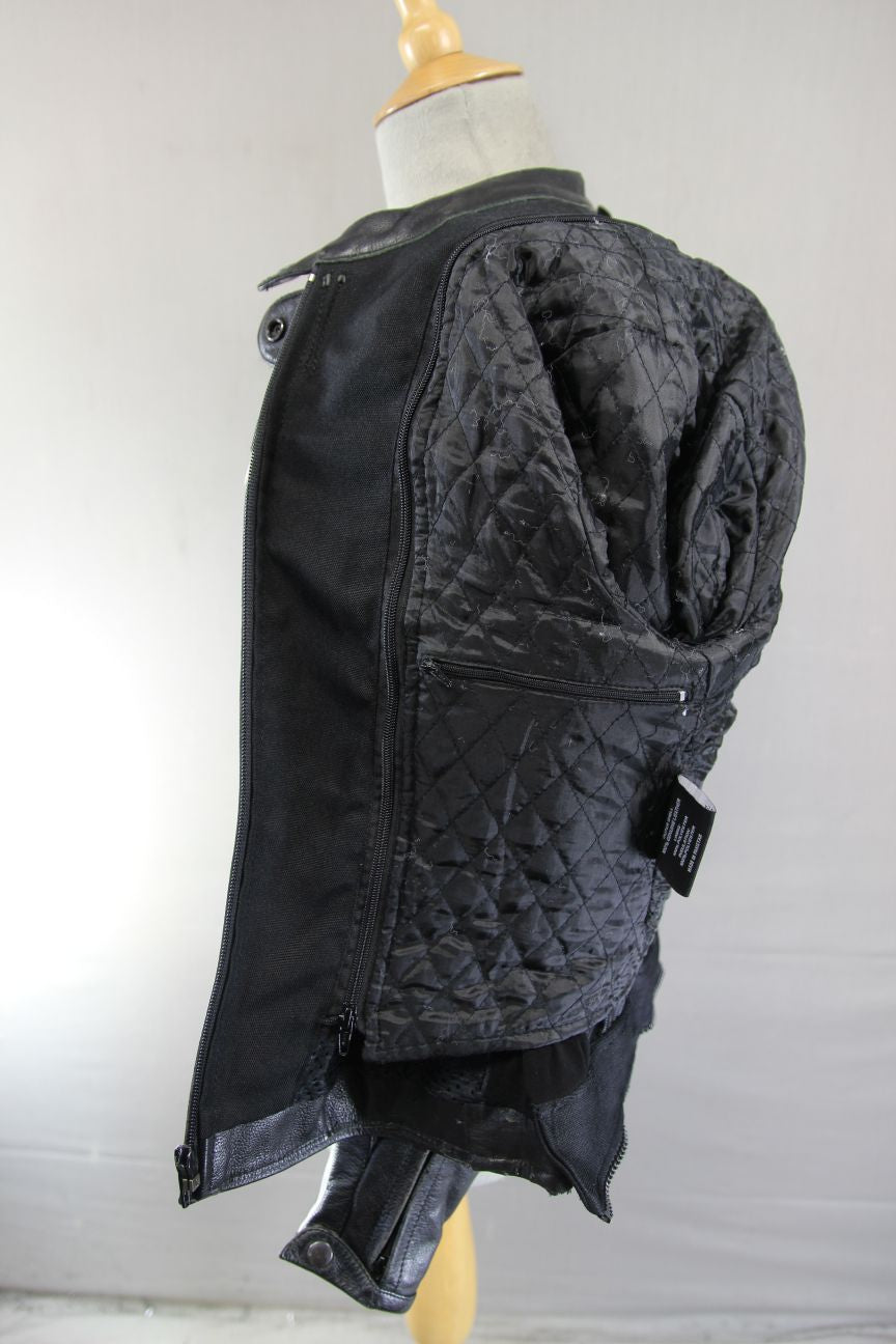 RAWLAND BLACK & WHITE LEATHER BIKER JACKET + CE ARMOUR/THERMAL LINING: SIZE 6/XS