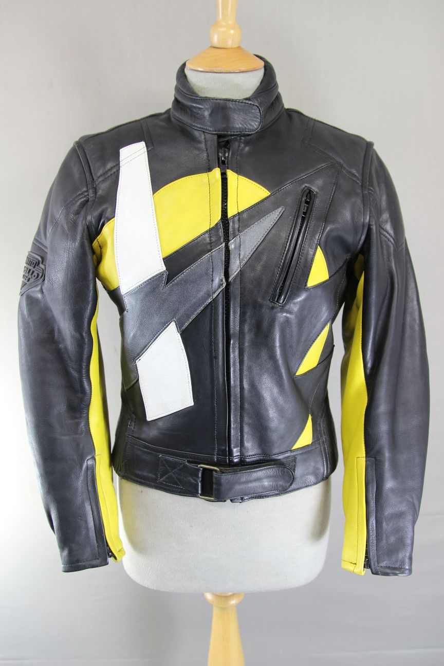 AKITO APOLLO PLUS BLACK, YELLOW, SILVER & WHITE LEATHER BIKER JACKET: SIZE 12