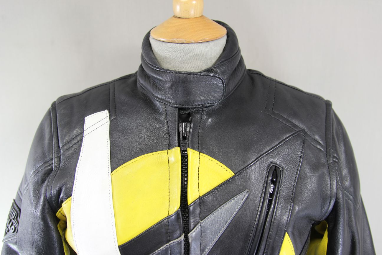 AKITO APOLLO PLUS BLACK, YELLOW, SILVER & WHITE LEATHER BIKER JACKET: SIZE 12