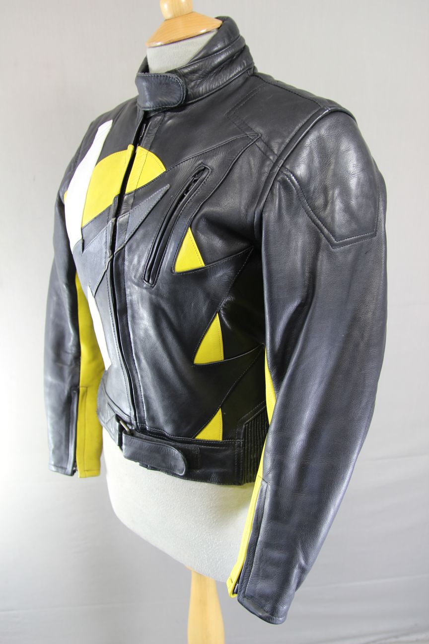 AKITO APOLLO PLUS BLACK, YELLOW, SILVER & WHITE LEATHER BIKER JACKET: SIZE 12
