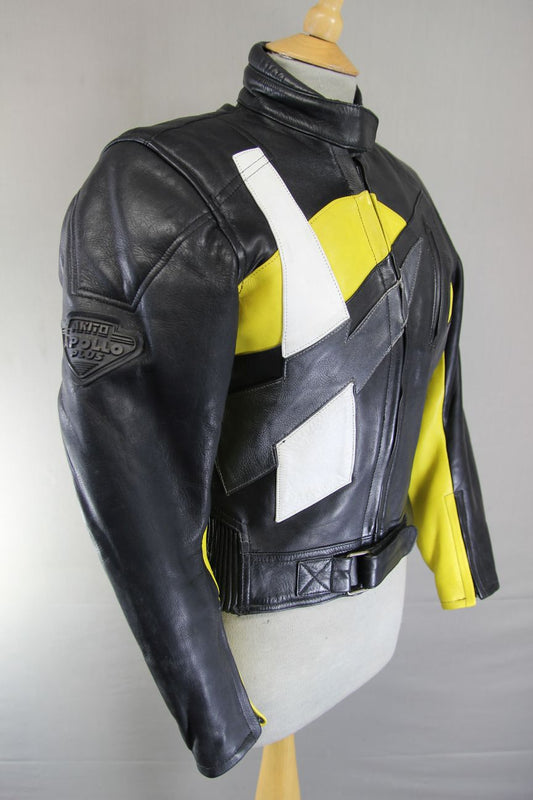 AKITO APOLLO PLUS BLACK, YELLOW, SILVER & WHITE LEATHER BIKER JACKET: SIZE 12