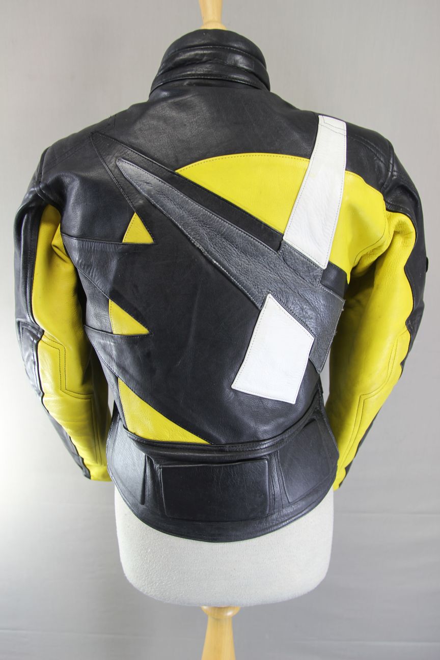AKITO APOLLO PLUS BLACK, YELLOW, SILVER & WHITE LEATHER BIKER JACKET: SIZE 12