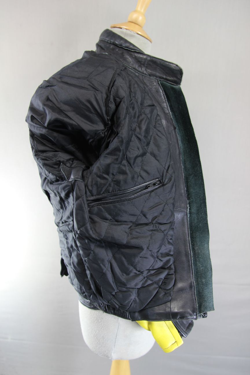 AKITO APOLLO PLUS BLACK, YELLOW, SILVER & WHITE LEATHER BIKER JACKET: SIZE 12