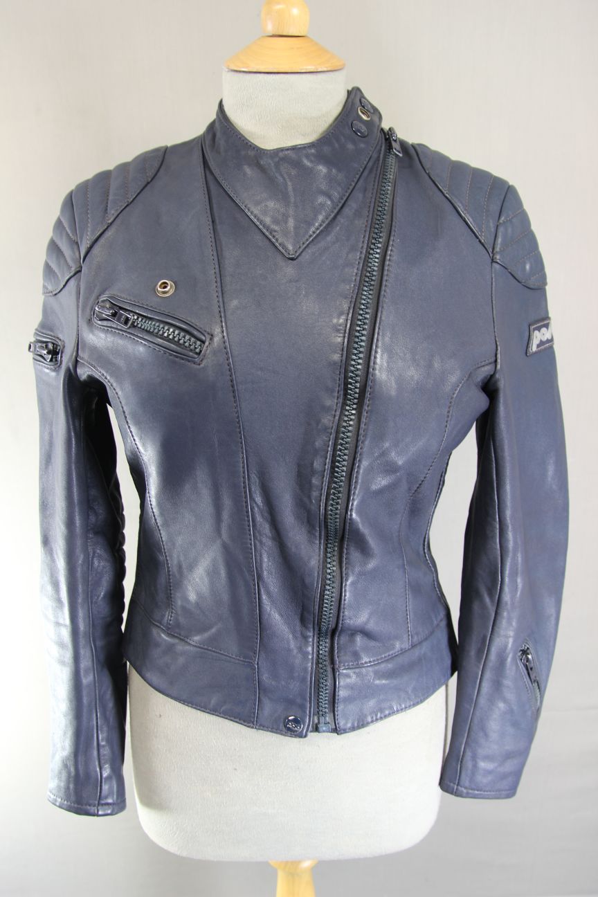 VINTAGE 1970's LADIES POLO BLUE LEATHER CLASSIC BIKER JACKET 34 INCH CHEST