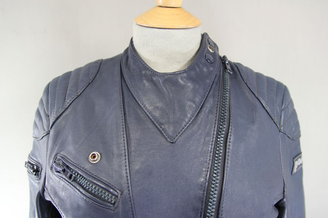 VINTAGE 1970's LADIES POLO BLUE LEATHER CLASSIC BIKER JACKET 34 INCH CHEST