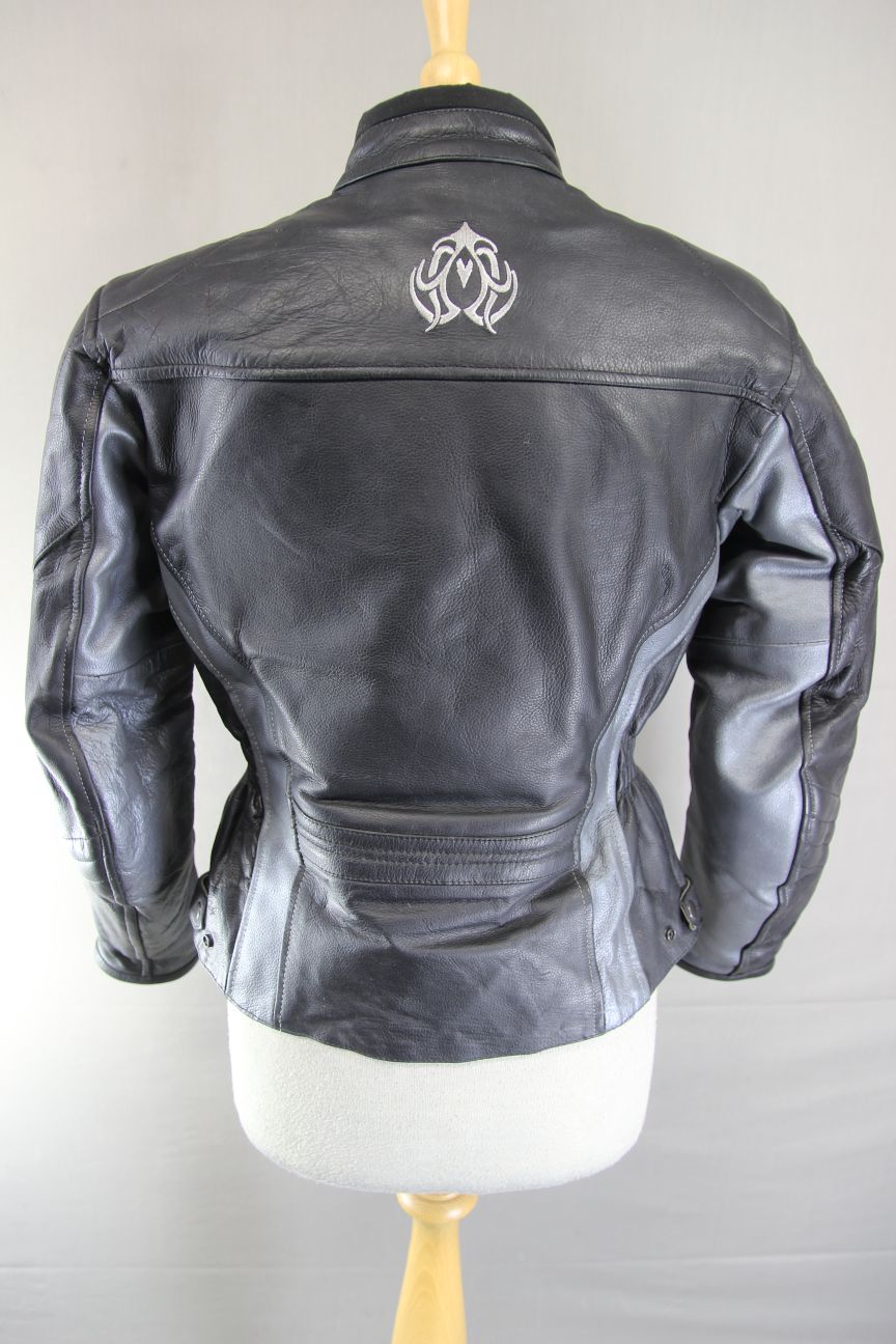FIGO BLACK & SILVER LEATHER BIKER JACKET WITH ARMOUR & THERMAL LINING: SIZE 10