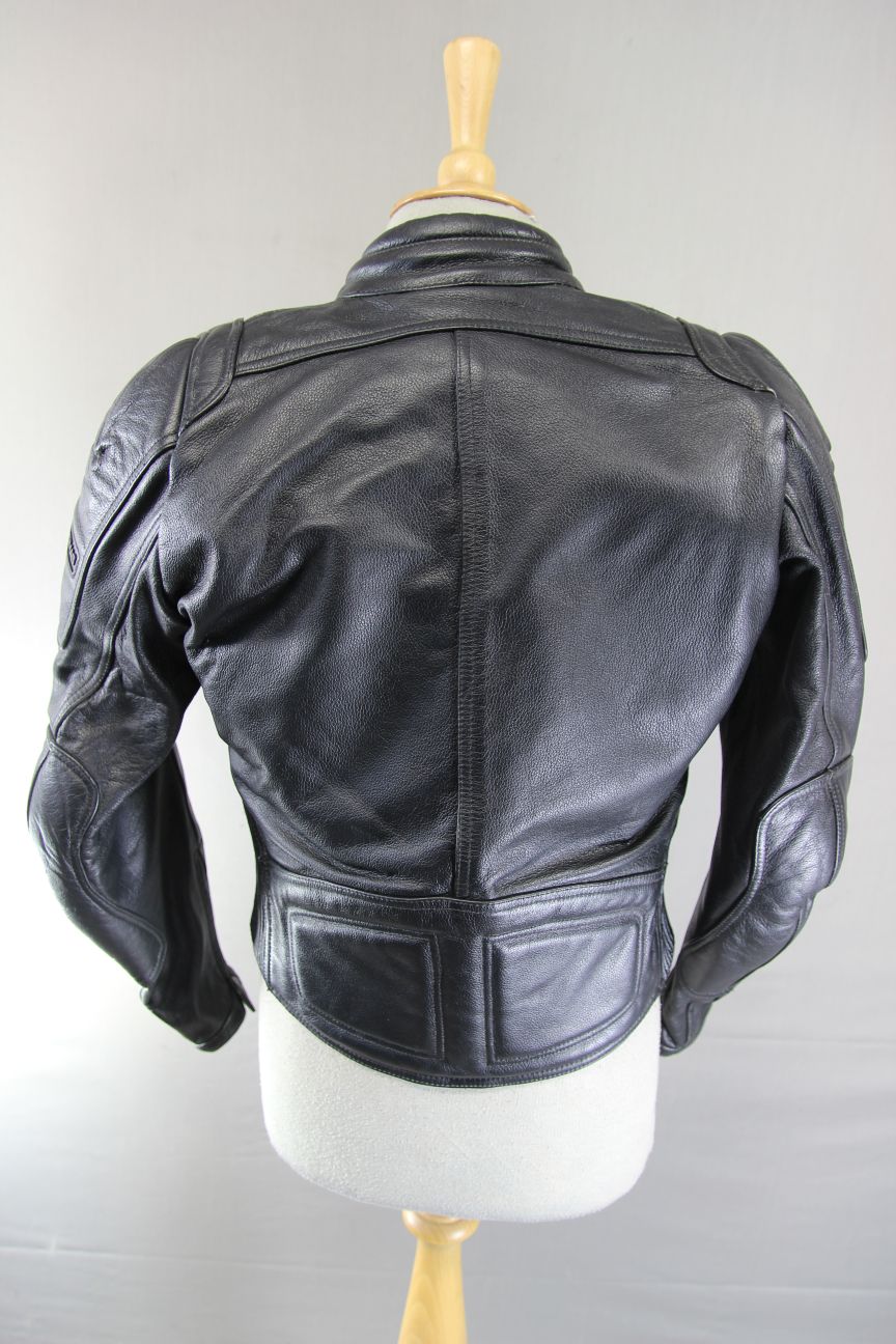 FRANK THOMAS BLACK LEATHER BIKER JACKET WITH CE ARMOUR & THERMAL LINING: SIZE 12