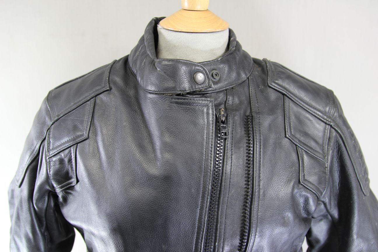 LOOKWELL SPIRIT CLASSIC BLACK LEATHER BIKER JACKET WITH BACK PROTECTOR: SIZE 12