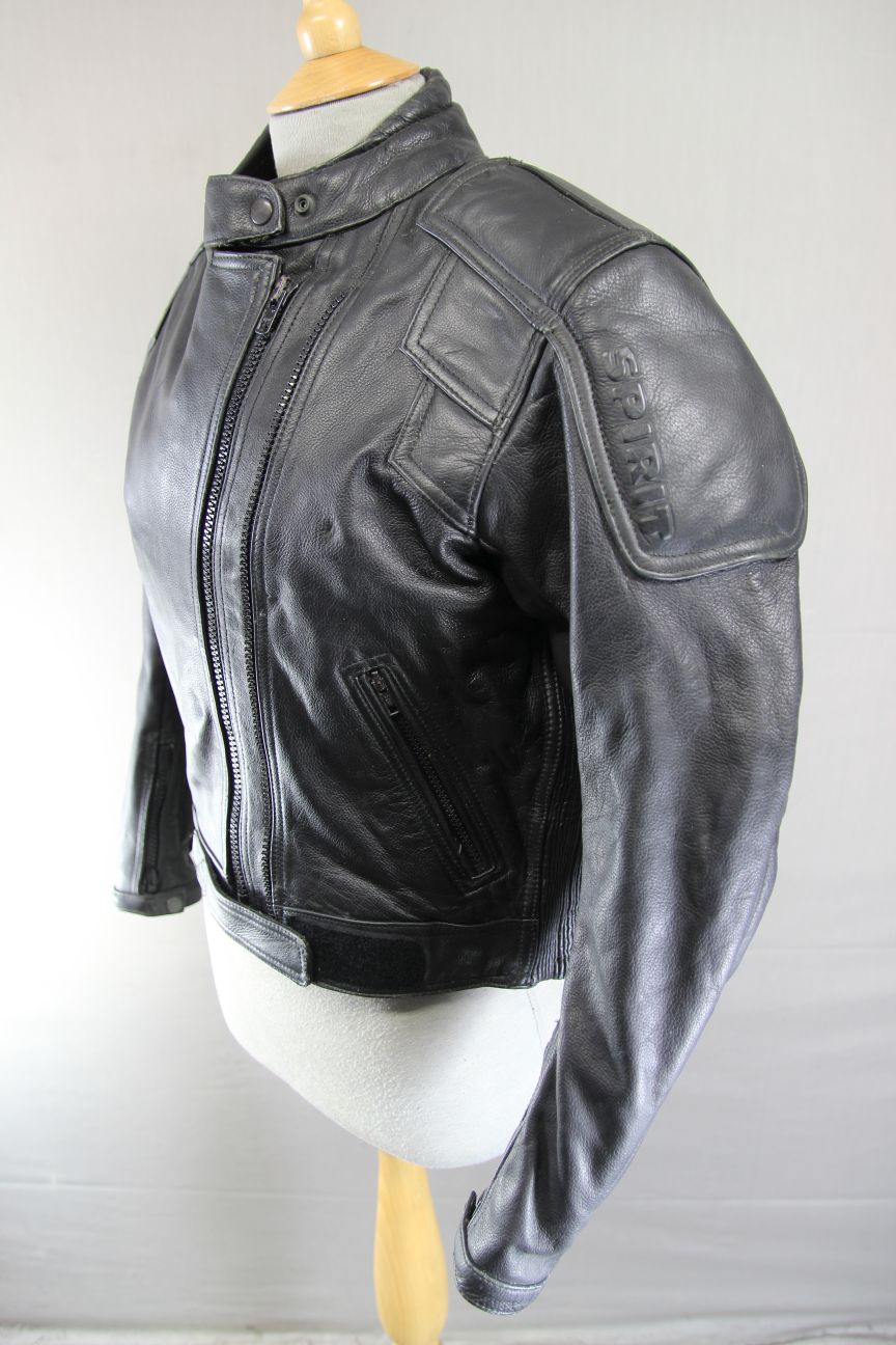 LOOKWELL SPIRIT CLASSIC BLACK LEATHER BIKER JACKET WITH BACK PROTECTOR: SIZE 12