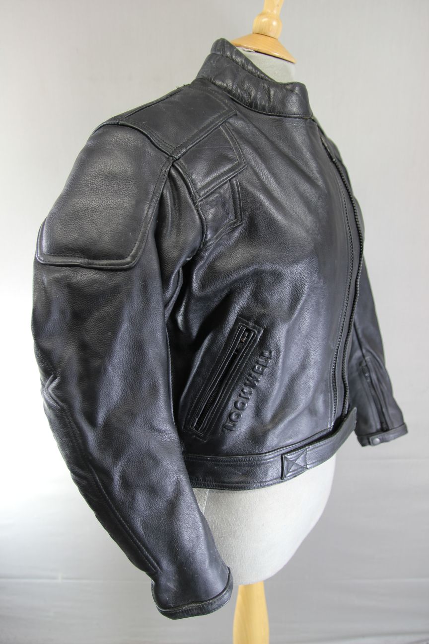 LOOKWELL SPIRIT CLASSIC BLACK LEATHER BIKER JACKET WITH BACK PROTECTOR: SIZE 12