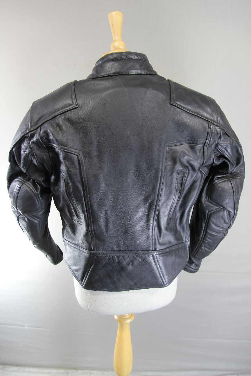 LOOKWELL SPIRIT CLASSIC BLACK LEATHER BIKER JACKET WITH BACK PROTECTOR: SIZE 12