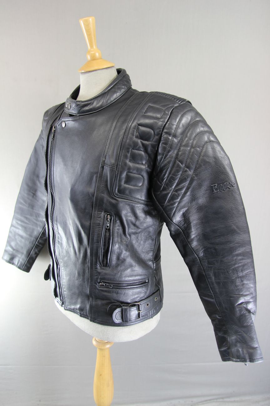 CLASSIC EURO STYLE BLACK LEATHER BIKER JACKET WITH BACK PROTECTOR 38-40 INCH/MED