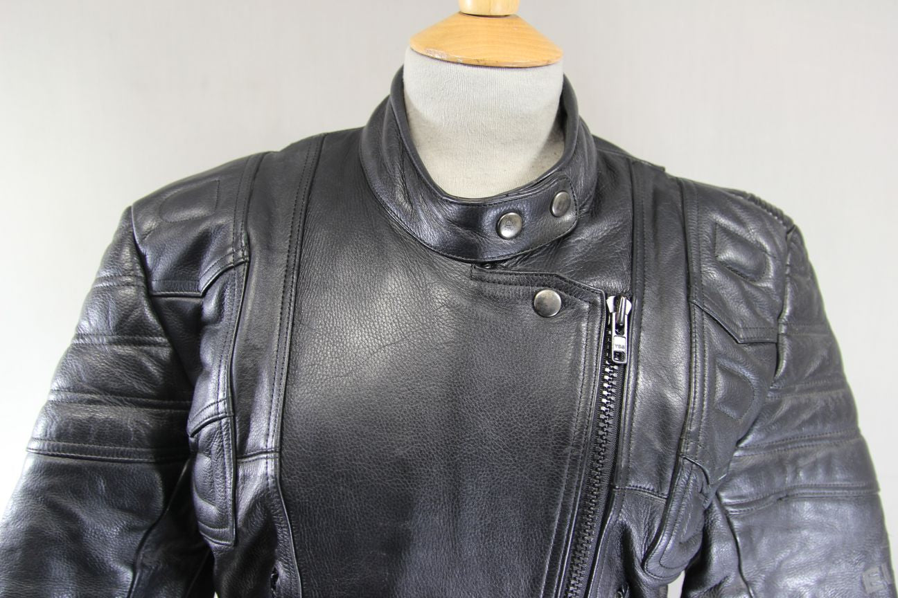 EURO STYLE CLASSIC BLACK LEATHER BIKER JACKET: SIZE 14