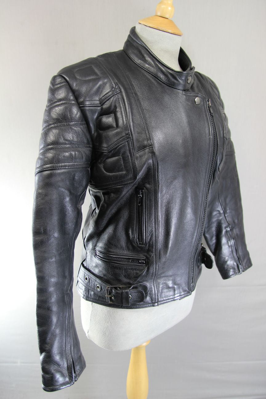 EURO STYLE CLASSIC BLACK LEATHER BIKER JACKET: SIZE 14