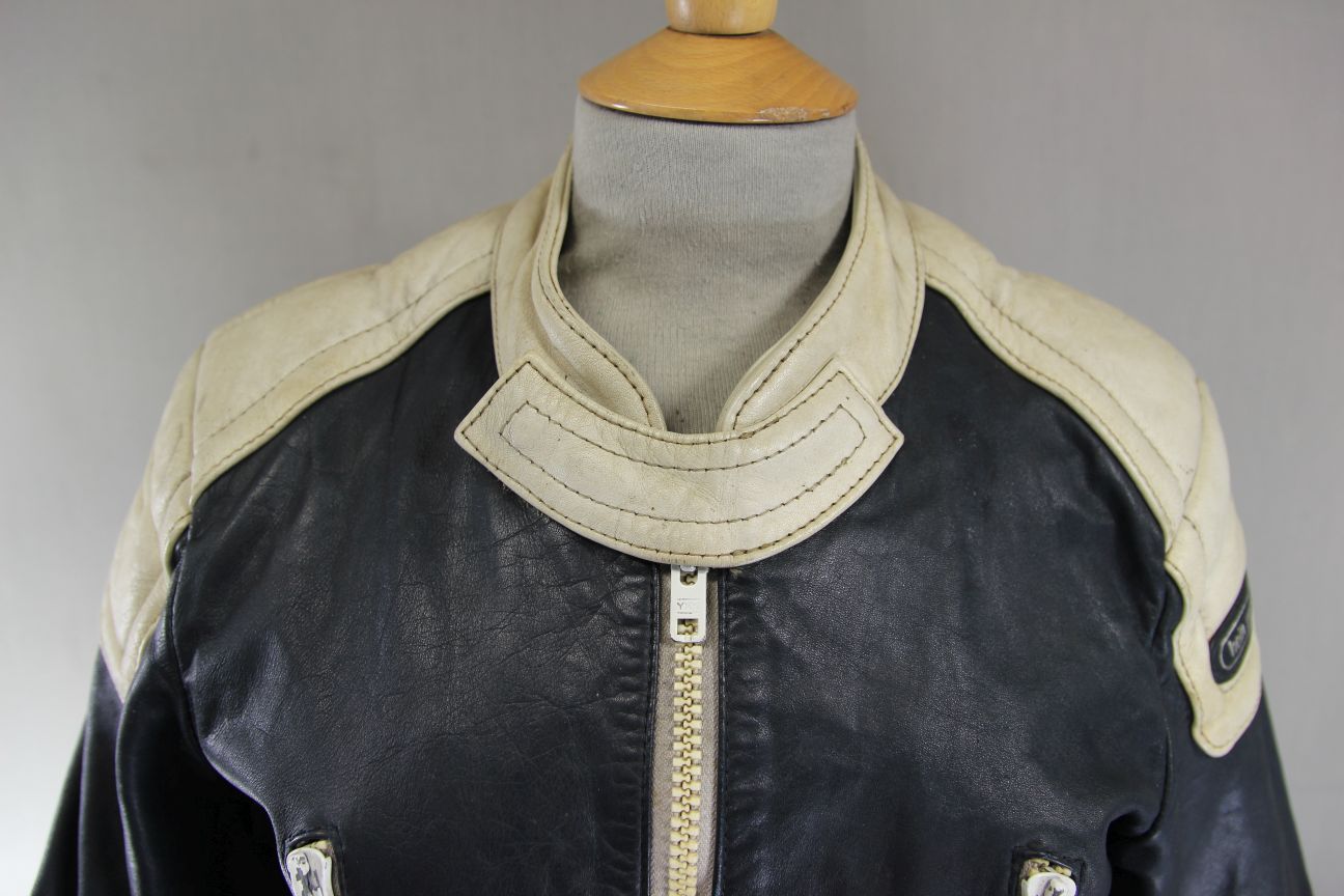 VINTAGE HEIN GERICKE DARK BLUE & CREAM LEATHER BIKER JACKET 34 IN CHEST/X SMALL