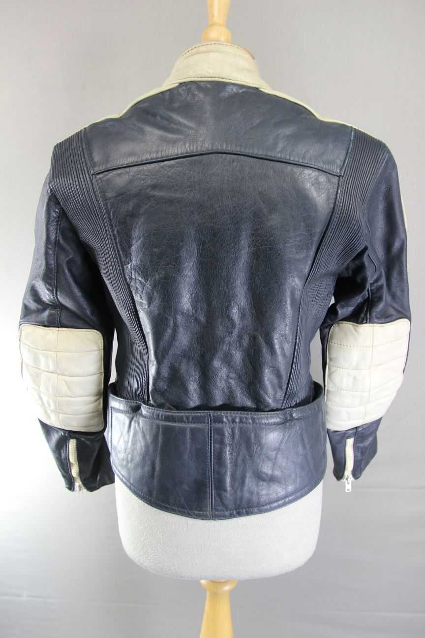 VINTAGE HEIN GERICKE DARK BLUE & CREAM LEATHER BIKER JACKET 34 IN CHEST/X SMALL