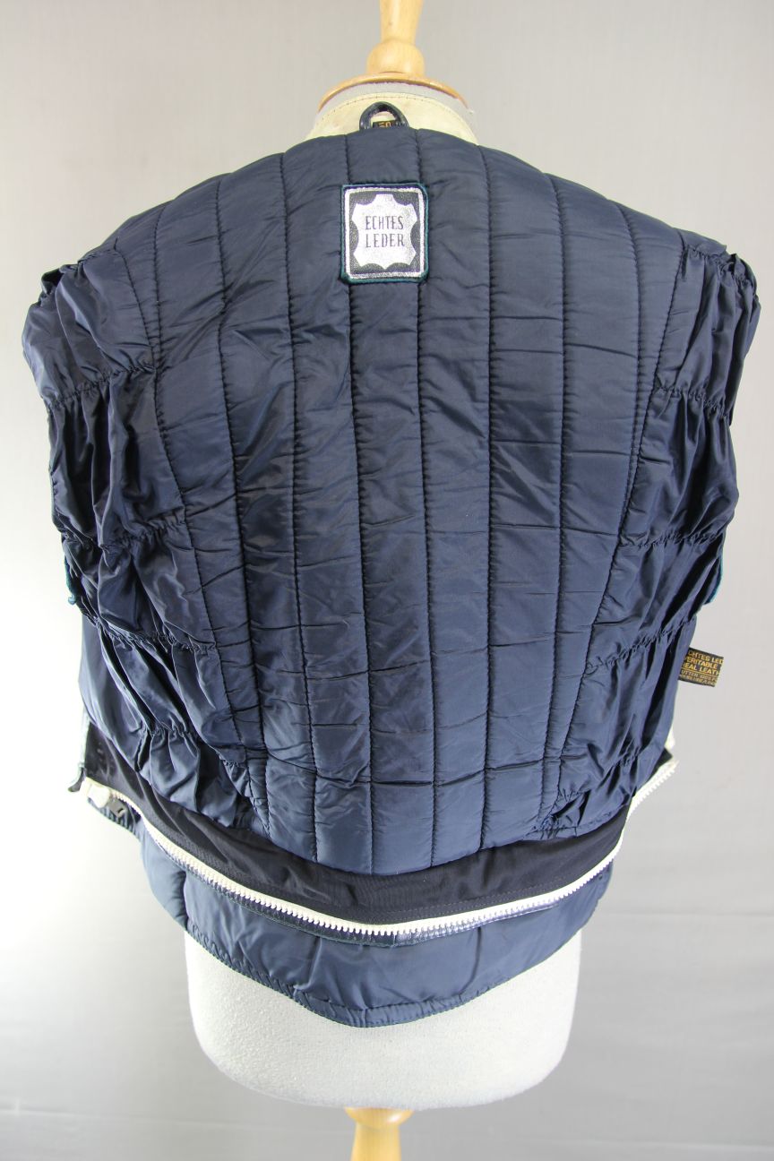 VINTAGE HEIN GERICKE DARK BLUE & CREAM LEATHER BIKER JACKET 34 IN CHEST/X SMALL
