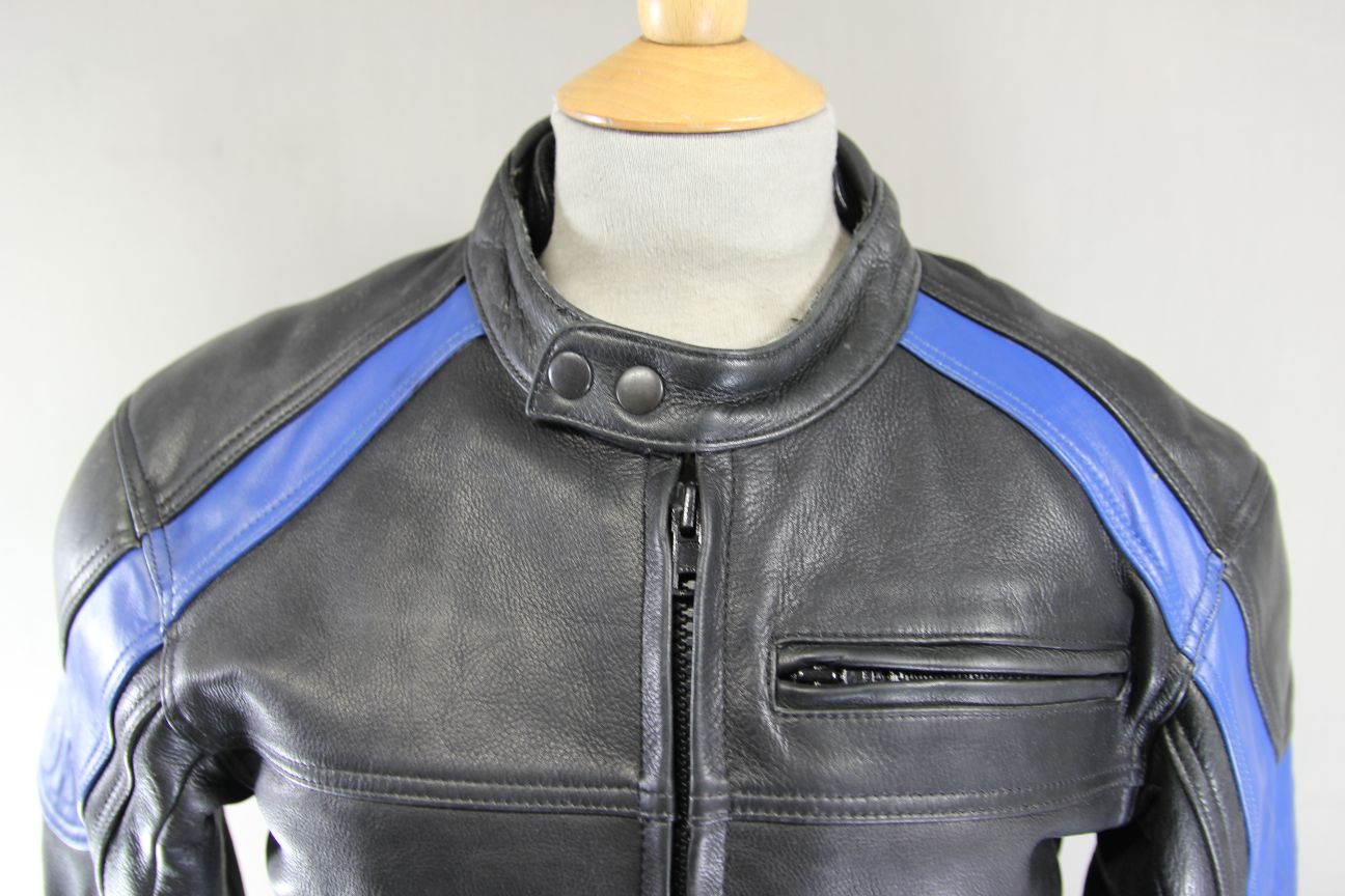 LOOKWELL BLACK & BLUE LEATHER BIKER JACKET WITH CE ARMOUR/THERMAL LINING 36-38IN