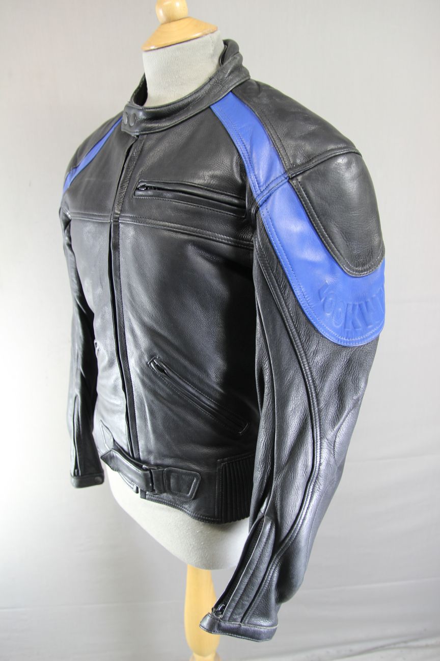 LOOKWELL BLACK & BLUE LEATHER BIKER JACKET WITH CE ARMOUR/THERMAL LINING 36-38IN