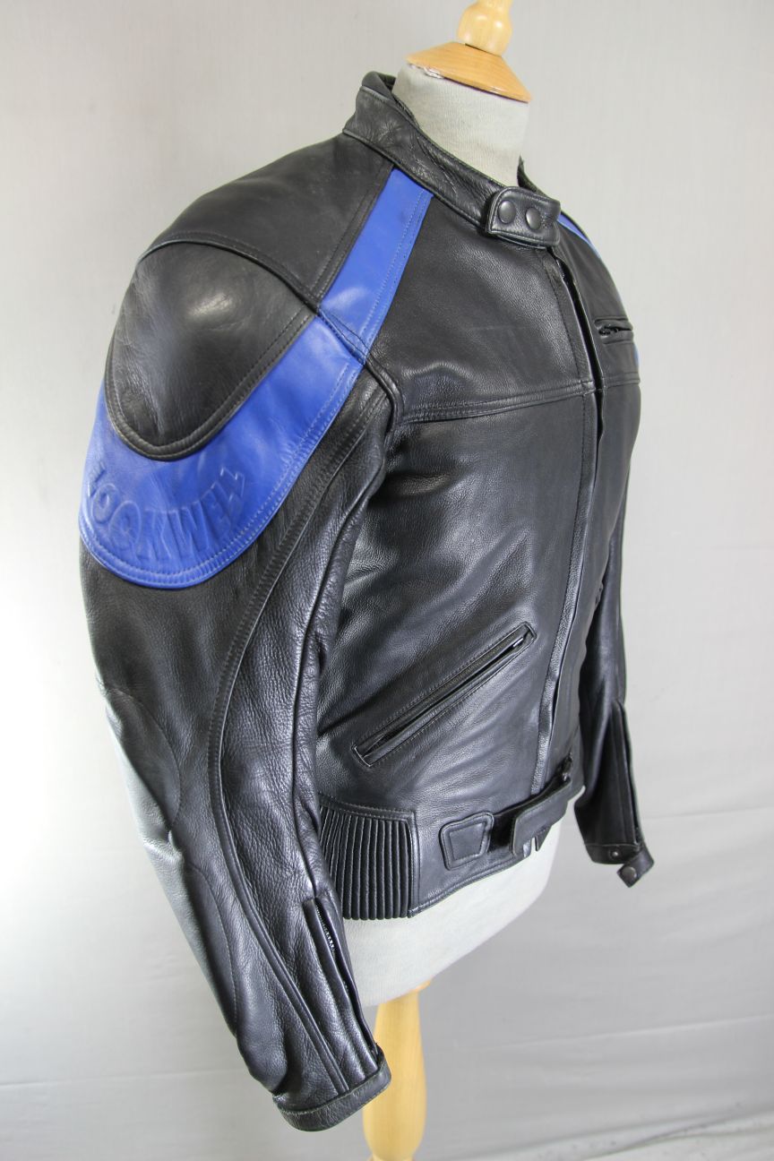 LOOKWELL BLACK & BLUE LEATHER BIKER JACKET WITH CE ARMOUR/THERMAL LINING 36-38IN