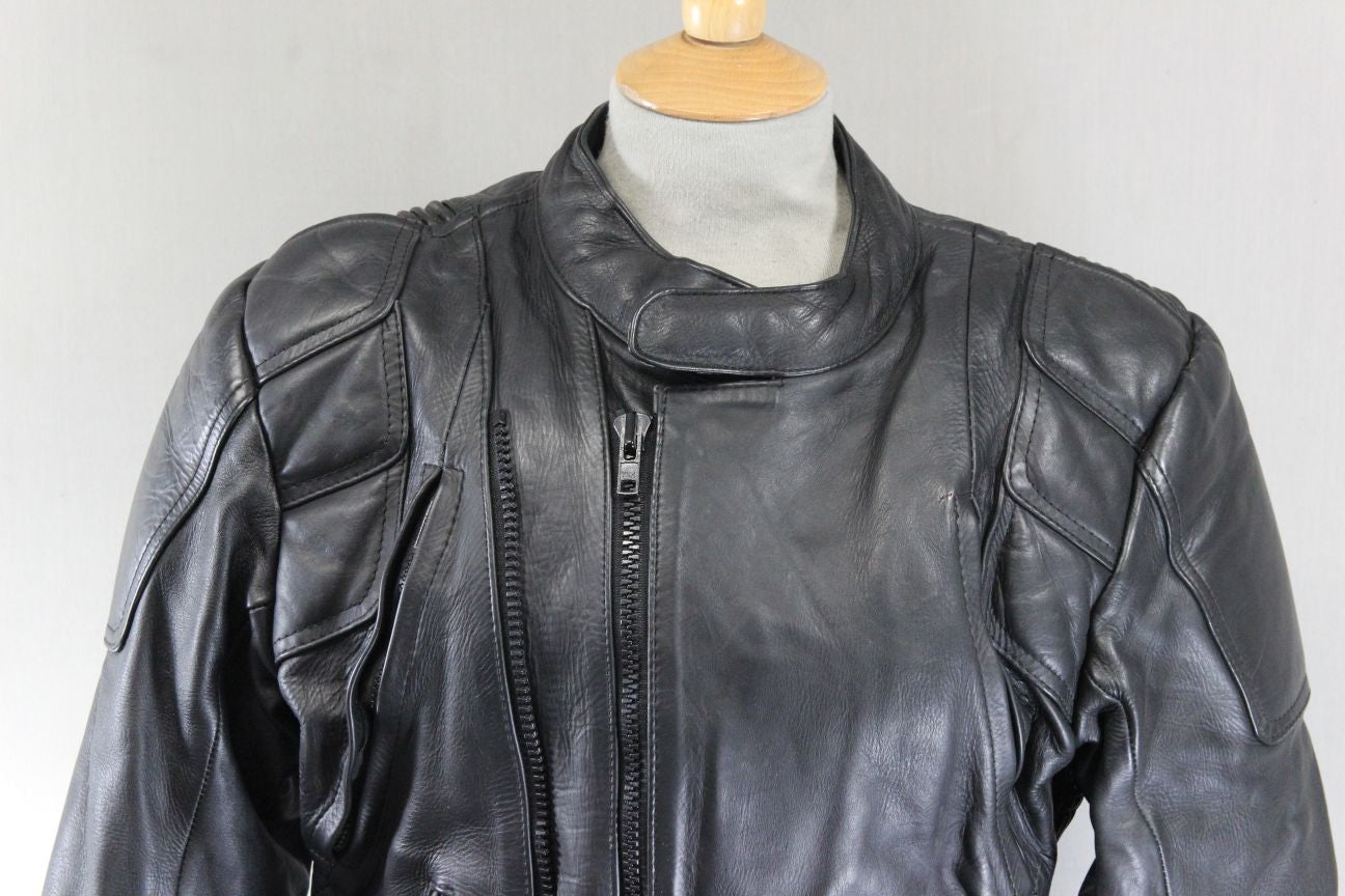 ASHY CLASSIC BLACK LEATHER VENTILATED BIKER JACKET WITH PROTECTORS 36-38 INCH