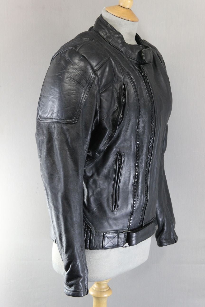ASHY CLASSIC BLACK LEATHER VENTILATED BIKER JACKET WITH PROTECTORS 36-38 INCH