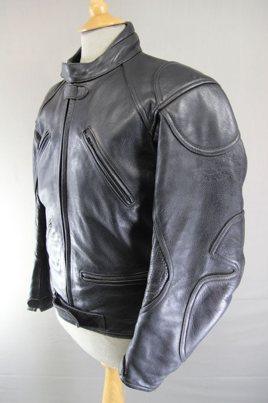 CLASSIC RIDER BLACK LEATHER BIKER JACKET WITH REMOVABLE BACK PROTECTOR 40 INCH