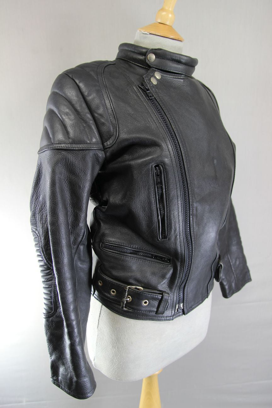 CLASSIC GOODLUCK BLACK LEATHER BIKER JACKET 34 INCH/EXTRA SMALL