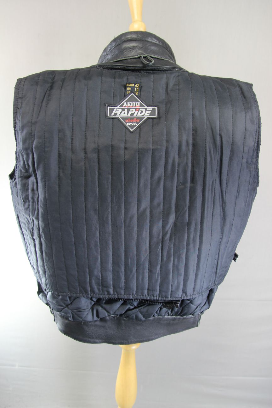 AKITO RAPIDE BLACK LEATHER BIKER JACKET + BACK PROTECTOR/THERMAL LINING: SIZE 14
