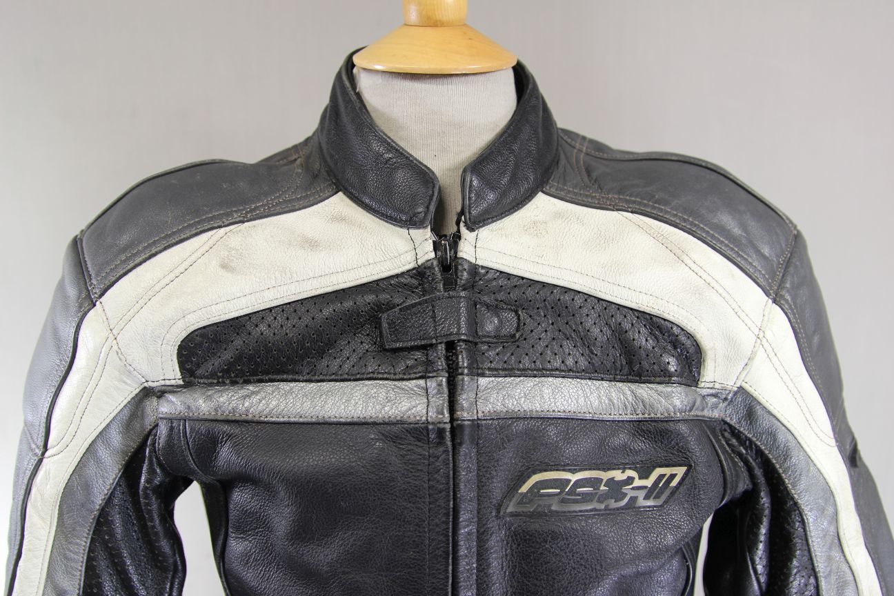 HEIN GERICKE PSX-II BLACK, SILVER & WHITE LEATHER BIKER JACKET + CE ARMOUR 36"/S