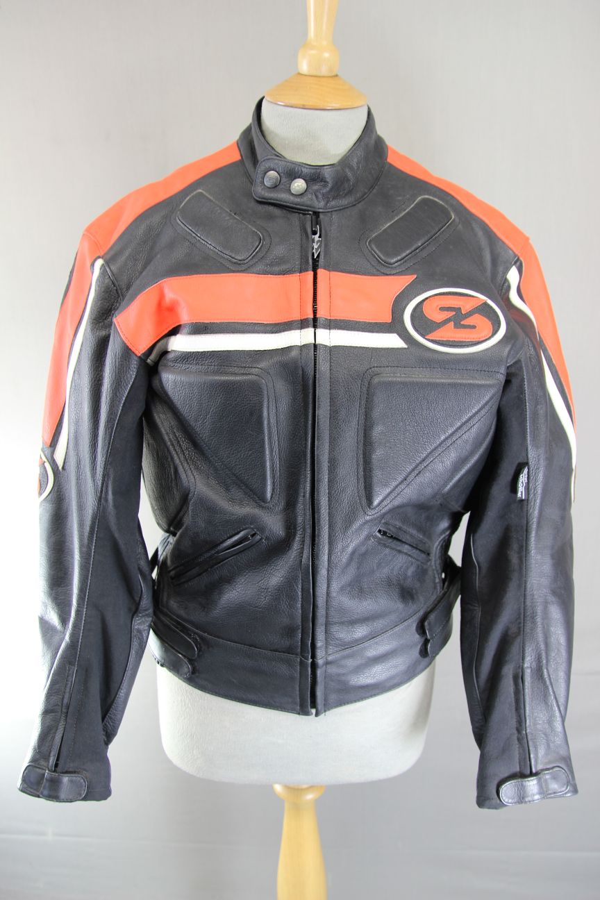 SWIFT INNOVATION BLACK, ORANGE & WHITE LEATHER BIKER JACKET 36 INCH/SMALL