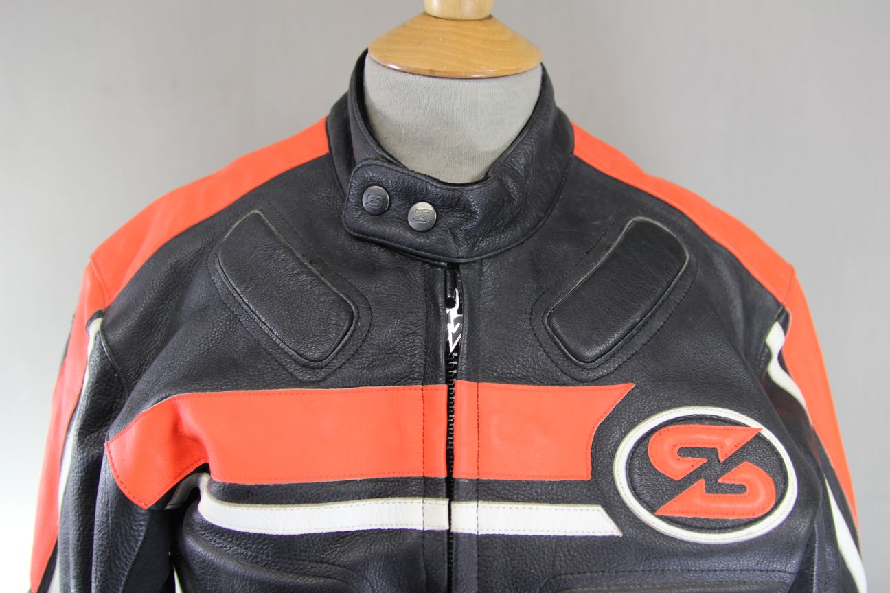 SWIFT INNOVATION BLACK, ORANGE & WHITE LEATHER BIKER JACKET 36 INCH/SMALL