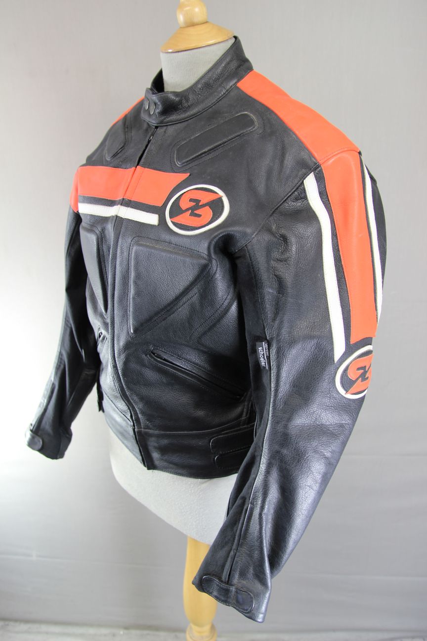 SWIFT INNOVATION BLACK, ORANGE & WHITE LEATHER BIKER JACKET 36 INCH/SMALL