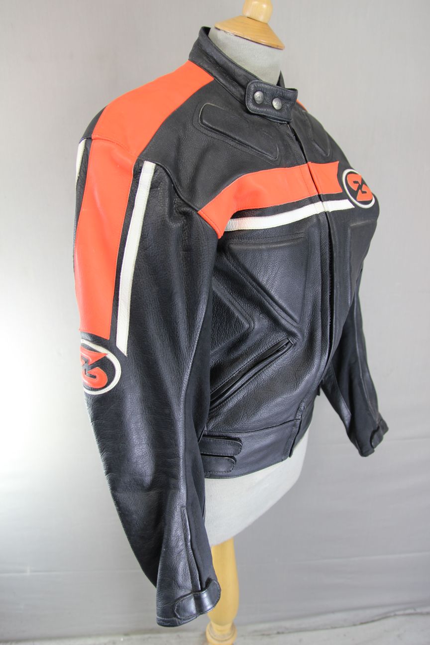 SWIFT INNOVATION BLACK, ORANGE & WHITE LEATHER BIKER JACKET 36 INCH/SMALL