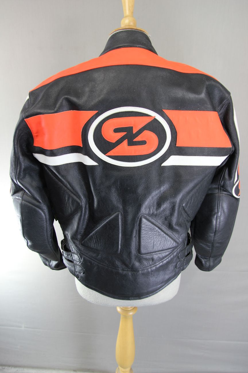SWIFT INNOVATION BLACK, ORANGE & WHITE LEATHER BIKER JACKET 36 INCH/SMALL