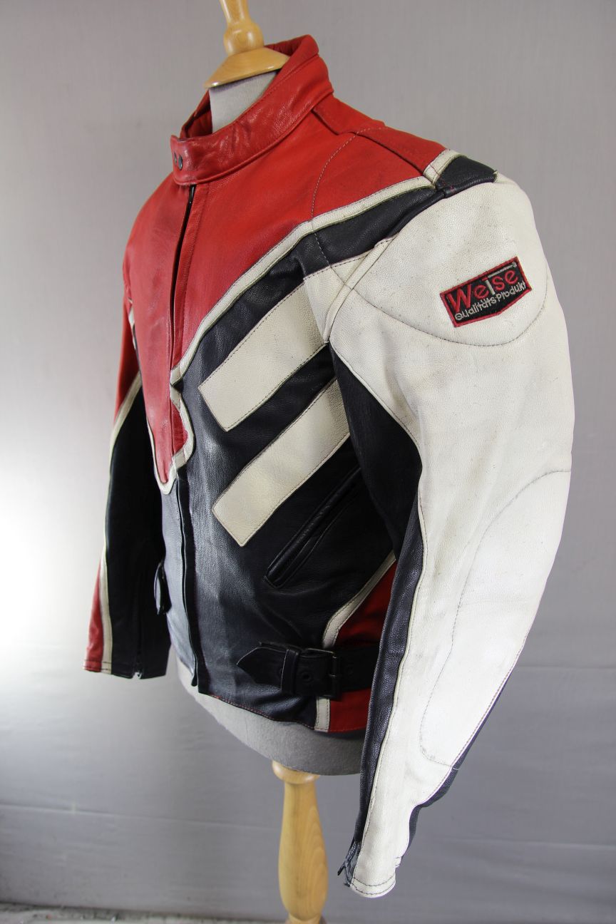 VINTAGE WEISE SPORTS COLLECTION BLACK, RED & WHITE LEATHER BIKER JACKET 36-38 IN