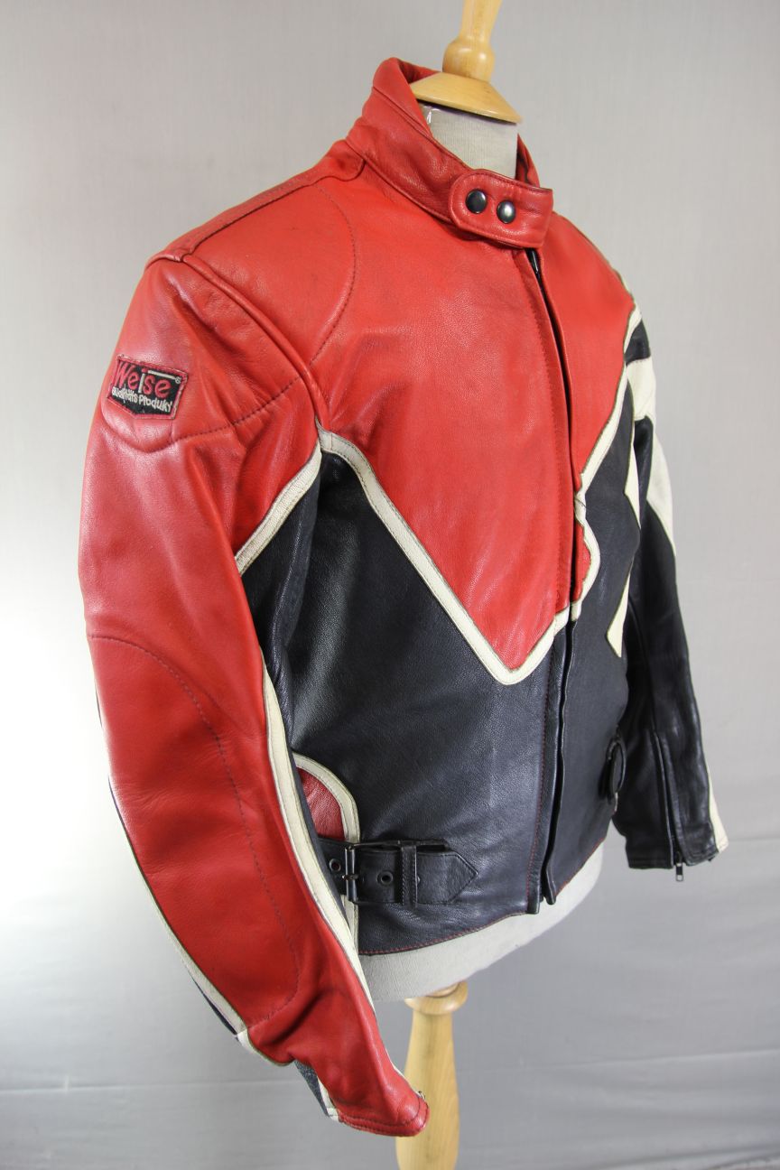 VINTAGE WEISE SPORTS COLLECTION BLACK, RED & WHITE LEATHER BIKER JACKET 36-38 IN
