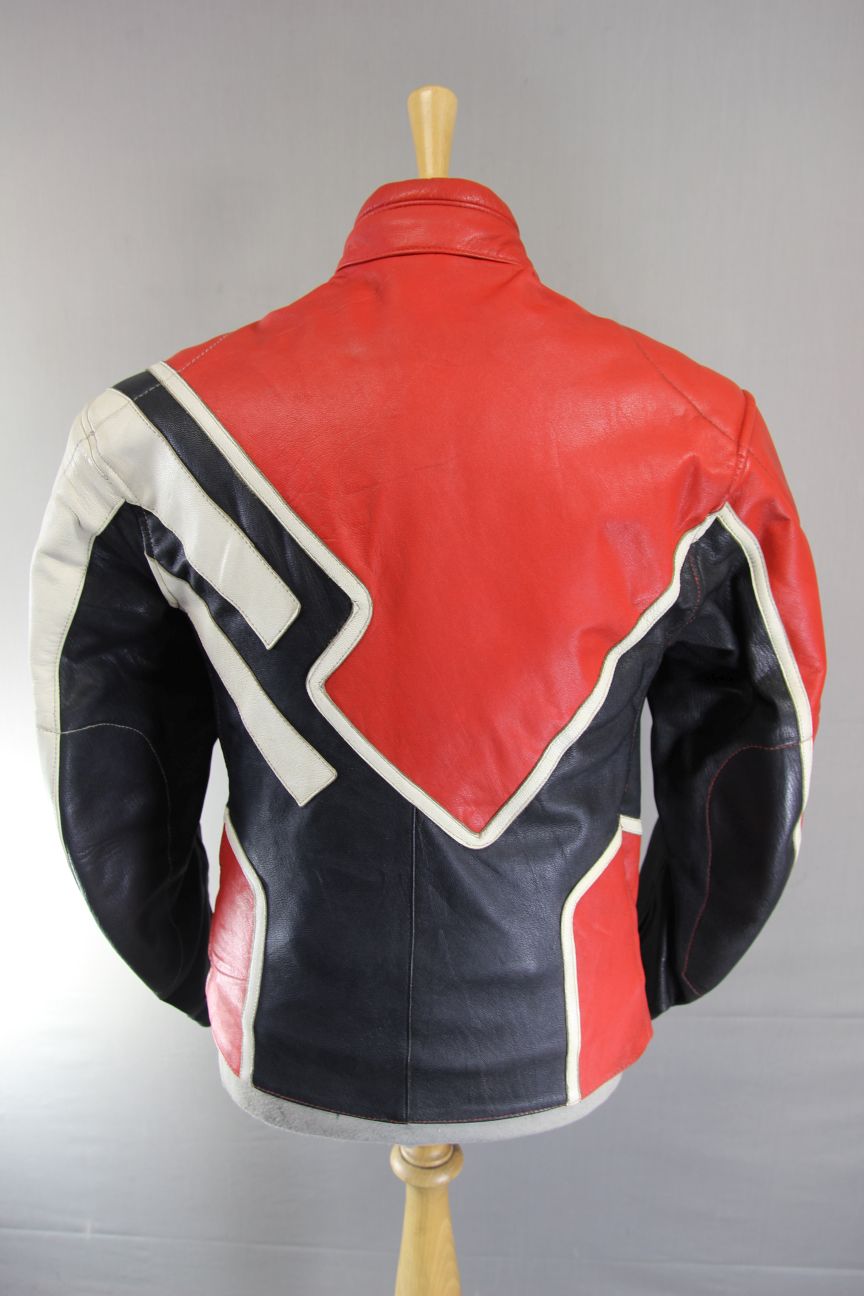 VINTAGE WEISE SPORTS COLLECTION BLACK, RED & WHITE LEATHER BIKER JACKET 36-38 IN