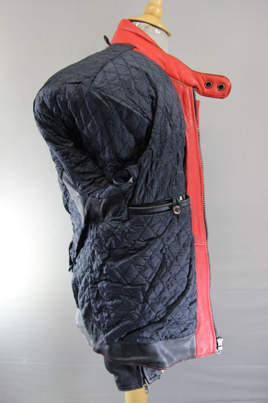 VINTAGE WEISE SPORTS COLLECTION BLACK, RED & WHITE LEATHER BIKER JACKET 36-38 IN