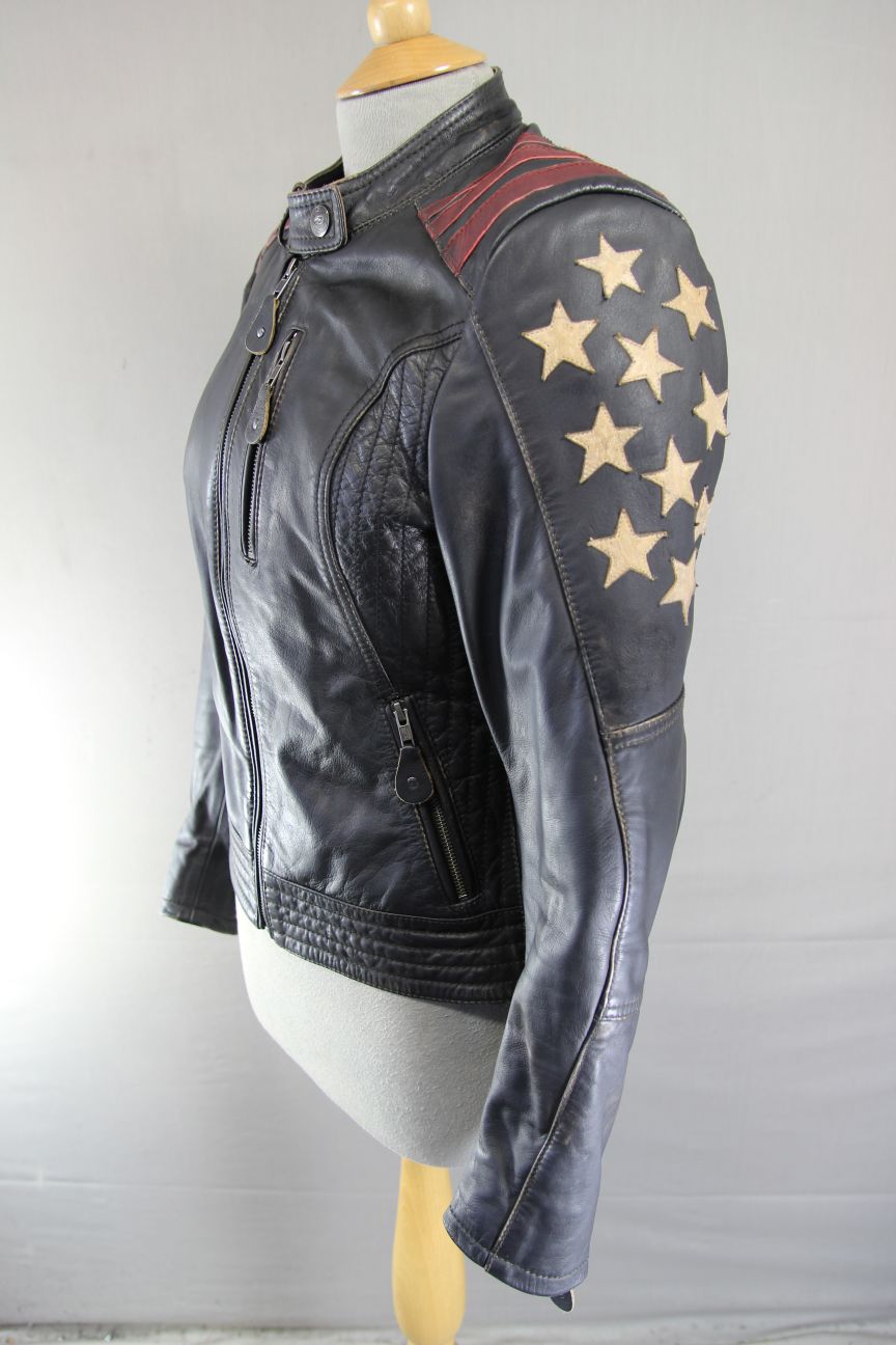 HELD URBAN RANGE STARS & STRIPES LEATHER BIKER JACKET + CE ARMOUR: SIZE 8/32-34"