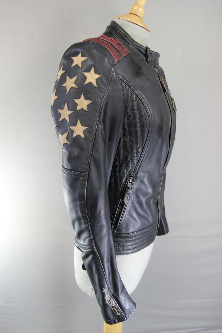 HELD URBAN RANGE STARS & STRIPES LEATHER BIKER JACKET + CE ARMOUR: SIZE 8/32-34"