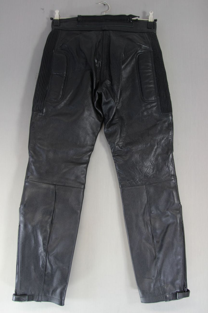 SKINTAN LADIES BLACK LEATHER BIKER TROUSERS: SIZE M/WAIST 30 IN/INSIDE LEG 29 IN
