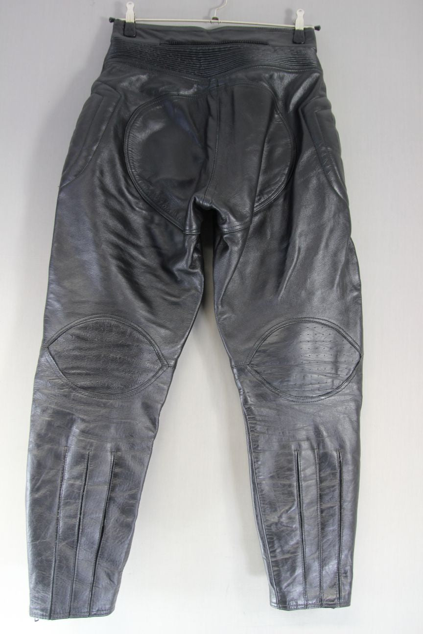 BUFFALO BLACK LEATHER BIKER TROUSERS: SIZE 14 WAIST 30 INCH/INSIDE LEG 29 INCH
