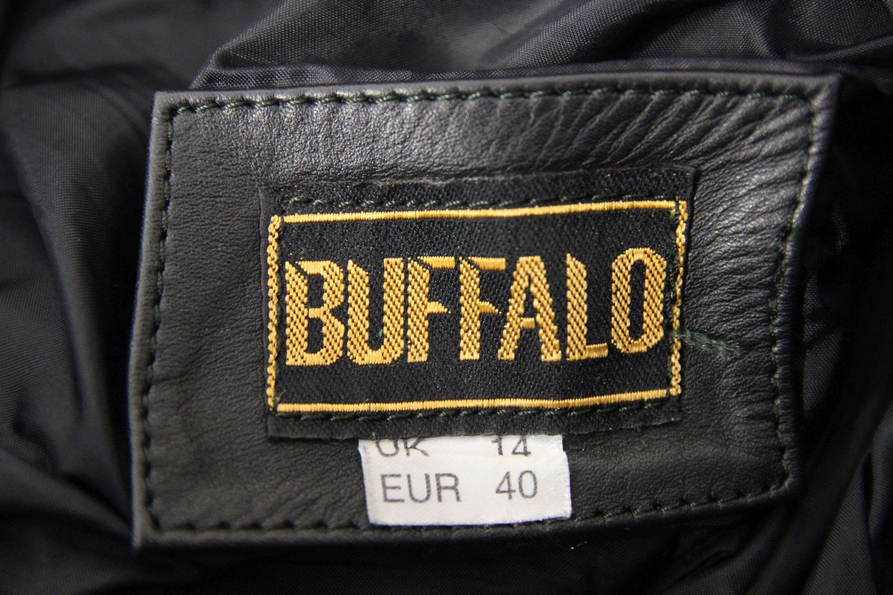 BUFFALO BLACK LEATHER BIKER TROUSERS: SIZE 14 WAIST 30 INCH/INSIDE LEG 29 INCH